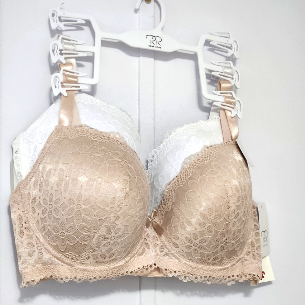 Rene Rofe 38D lightly padded bra, set of two, rose gold + white, NWT,